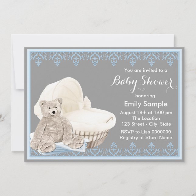Gray and Blue Teddy Bear Baby Shower Invitation (Front)