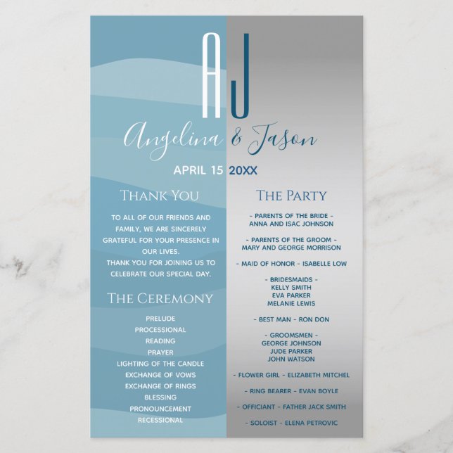 Gray and Blue Wedding Program (Front)