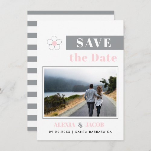 Gray and blush pink stripe and flower photo save the date