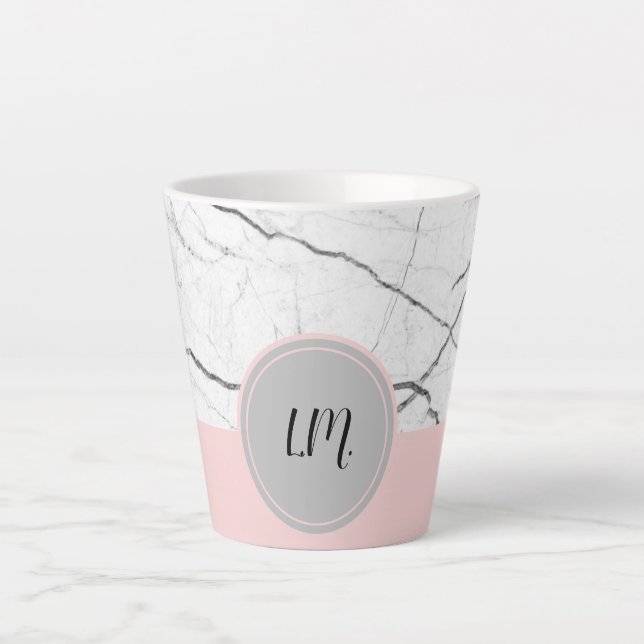 Gray and Blush White Marble Personalized Latte Mug (Front)