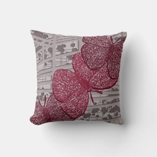 Gray and Burgundy Abstract Butterfly Design Throw Pillow