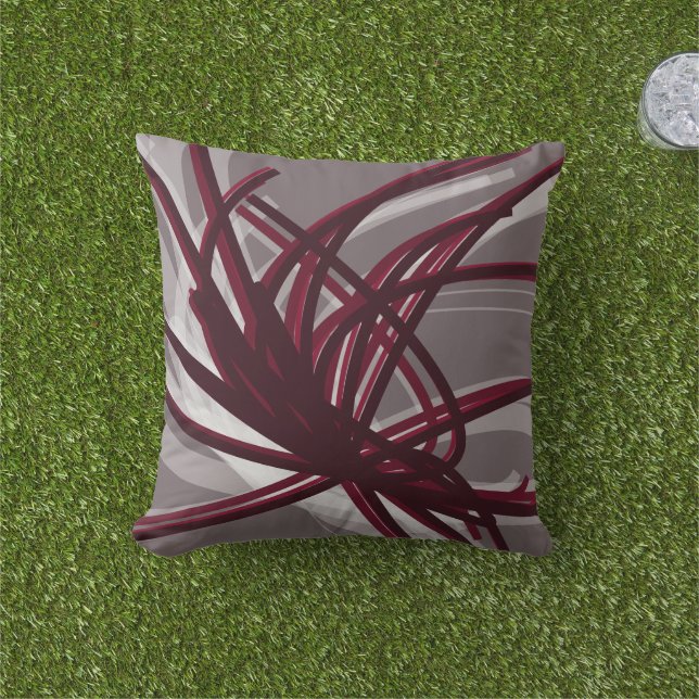 Gray and Burgundy Artistic Abstract Ribbons Outdoor Pillow (Grass)