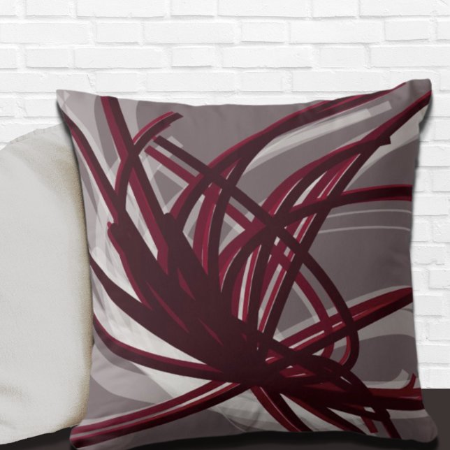 Gray and Burgundy Artistic Abstract Ribbons Throw Pillow (Creator Uploaded)