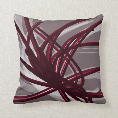 Gray and Burgundy Artistic Abstract Ribbons Throw Pillow