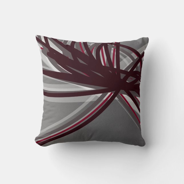 Gray and Burgundy Artistic Abstract Ribbons Throw Pillow (Front)