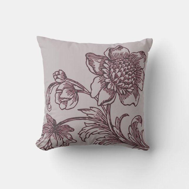 Gray and Burgundy Botanical | Flowers in Bloom Throw Pillow (Front)