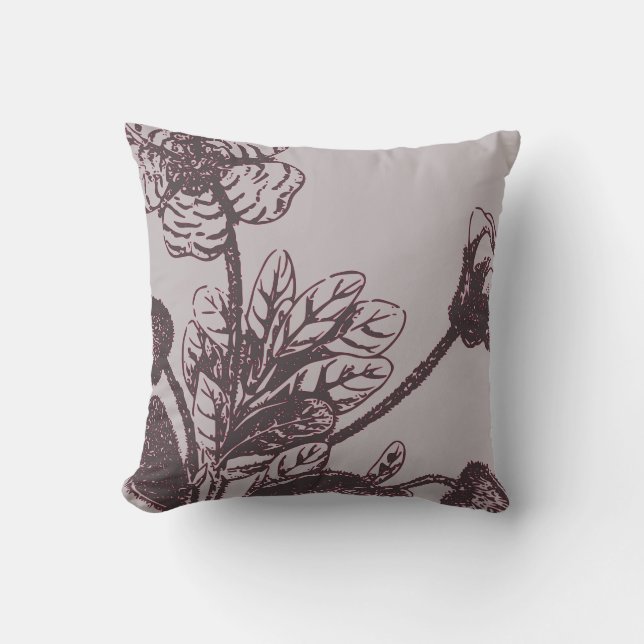 Gray and Burgundy Botanical | Sage Leaf Rock Rose Throw Pillow (Front)