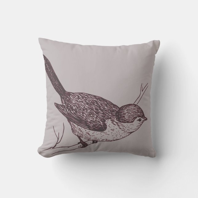 Gray and Burgundy Bushtit Bird Throw Pillow (Front)