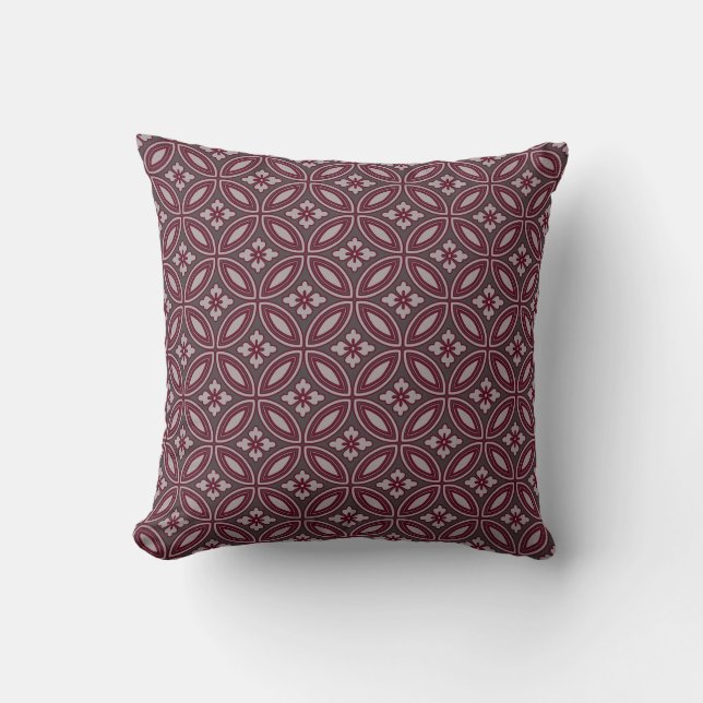 Gray and Burgundy Elegant Floral Tile Pattern Throw Pillow (Front)