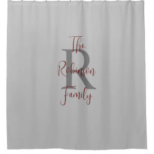 Gray and Burgundy Family Name Monogrammed Shower Curtain