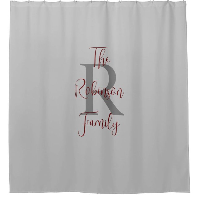 Gray and Burgundy Family Name Monogrammed  Shower Curtain (Front)