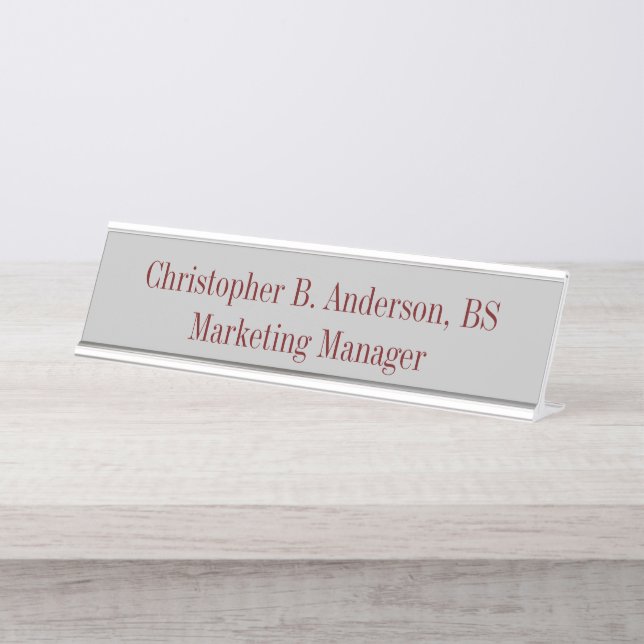Gray and Burgundy  Professional Modern Classy Desk Name Plate (Front)
