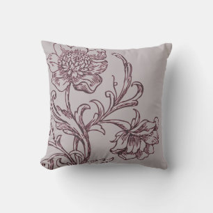 Gray and Burgundy Wine Modern Elegant Floral Throw Pillow