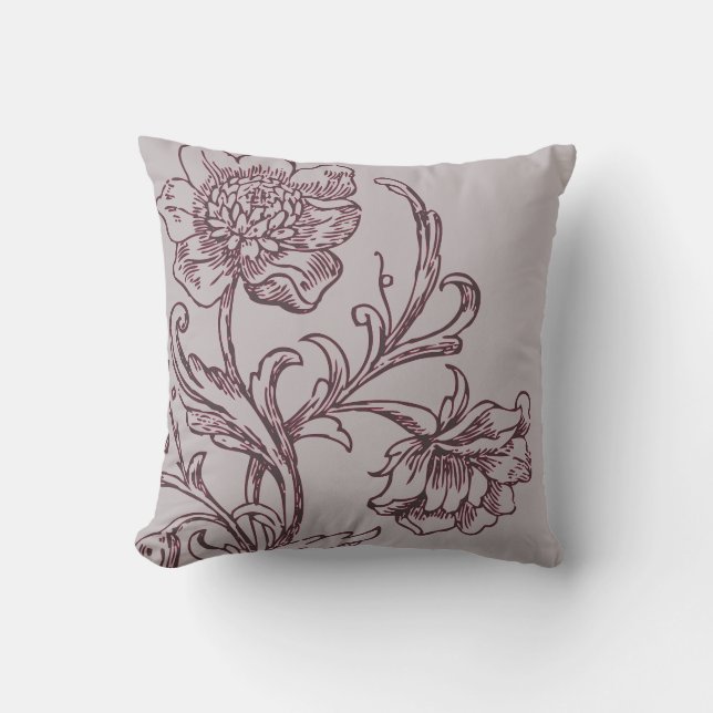 Gray and Burgundy Wine Modern Elegant Floral Throw Pillow (Front)