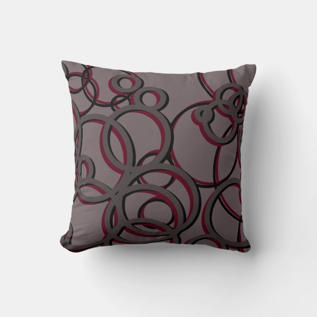 Gray and Burgundy Wine Modern Geometric Circles Throw Pillow (Front)