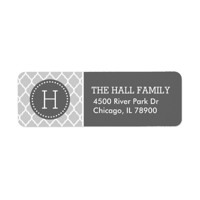 Gray and Charcoal Quatrefoil Monogram Address Label (Front)