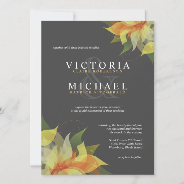 Gray and Citrus Yellow Floral Wedding Invitations (Front)