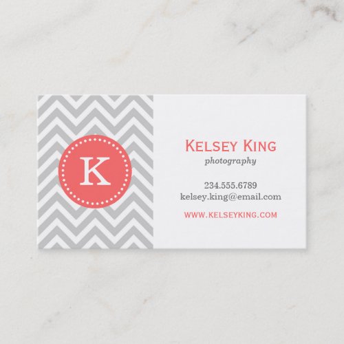 Gray and Coral Chevron Custom Monogram Business Card Templates