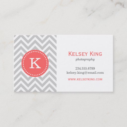 Customizable Gray and Coral Chevron Custom Monogram Business Card Templates
