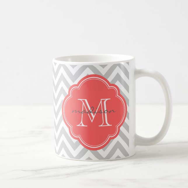 Gray and Coral Chevron Custom Monogram Coffee Mug (Right)
