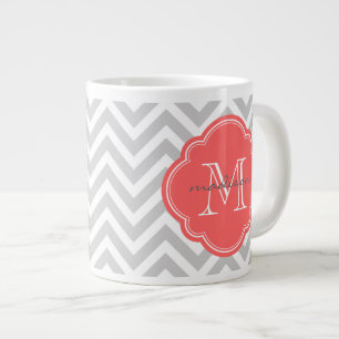 Gray and Coral Chevron Custom Monogram Large Coffee Mug