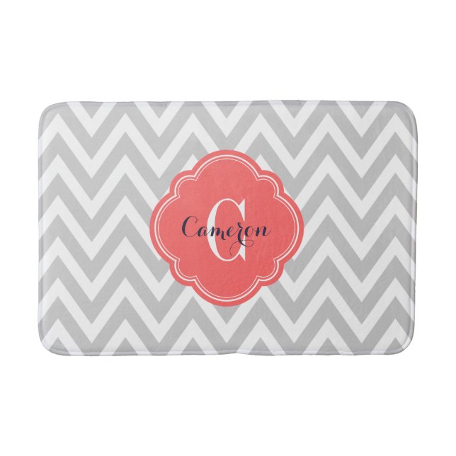 Gray and Coral Chevron Monogram Bathroom Mat (Front)