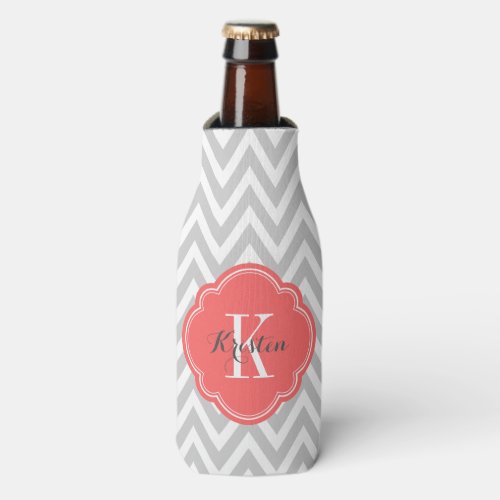 Gray and Coral Chevron Monogram Bottle Cooler