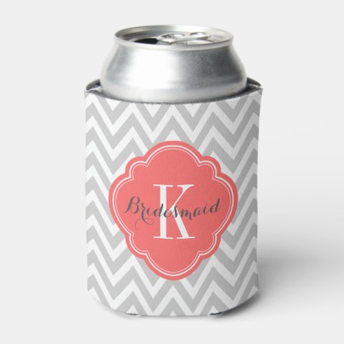 Gray and Coral Chevron Monogram Can Cooler