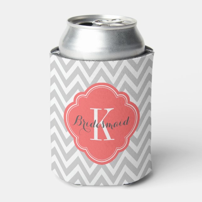 Gray and Coral Chevron Monogram Can Cooler (Can Front)
