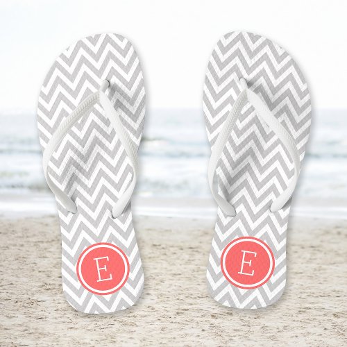 Gray and Coral Chevron Monogram Flip Flops