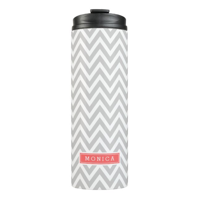 Gray and Coral Chevron Monogram Thermal Tumbler (Front)