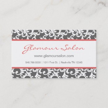Gray And Coral Elegant Damask Pattern Business Card by Letsrendevoo at Zazzle