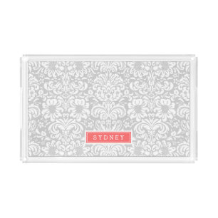 Gray and Coral Floral Damask Monogram Acrylic Tray