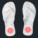 Gray and Coral Floral Damask Monogram Flip Flops<br><div class="desc">Custom printed flip flop sandals with a stylish elegant floral damask pattern and your custom monogram or other text in a circle frame. Click Customize It to change text fonts and colors or add your own images to create a unique one of a kind design!</div>