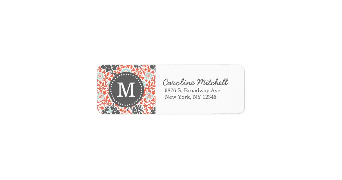 Gray and Coral Floral Damask Return Address Label | Zazzle