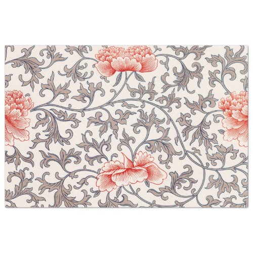 Gray and coral floral tissue paper