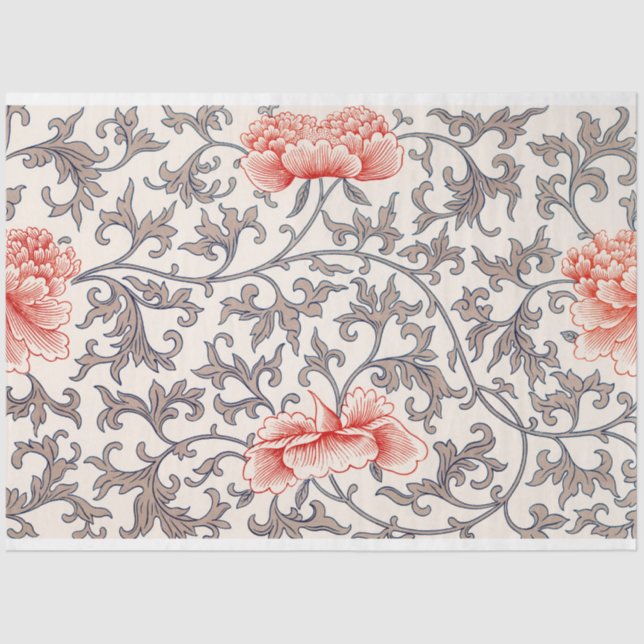 Gray and coral floral tissue paper (Front)