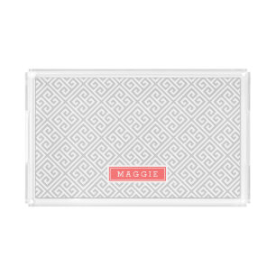 Gray and Coral Greek Key Monogram Acrylic Tray