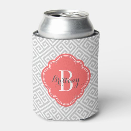 Gray and Coral Greek Key Monogram Can Cooler