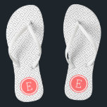 Gray and Coral Greek Key Monogram Flip Flops<br><div class="desc">Custom printed flip flop sandals with a stylish modern Greek key pattern and your custom monogram or other text in a circle frame. Click Customize It to change text fonts and colors or add your own images to create a unique one of a kind design!</div>
