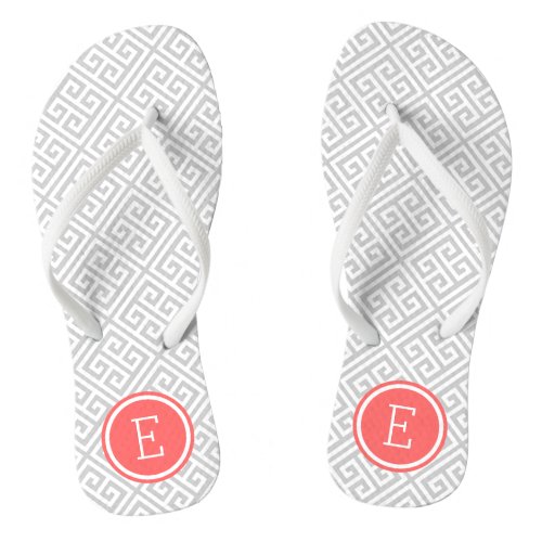 Gray and Coral Greek Key Monogram Flip Flops