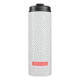 Gray and Coral Greek Key Monogram Thermal Tumbler