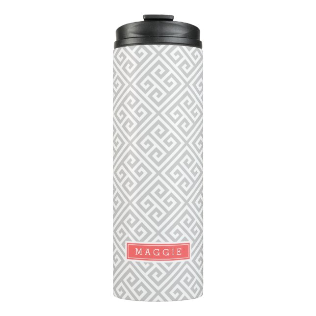 Gray and Coral Greek Key Monogram Thermal Tumbler (Front)