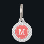 Gray and Coral Ikat Diamonds Monogram Pet Name Tag<br><div class="desc">Cute girly preppy zigzag ikat diamond pattern personalized with your pet's monogram name or initial in a chic dotted frame. Back features coordinating colors and space to add your pet's name and emergency contact info. Click Customize It to change fonts and colors or add your own photos and text for...</div>