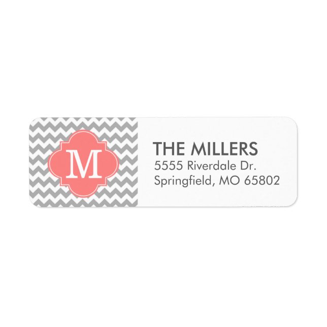 Gray and Coral Modern Chevron Custom Monogram Label (Front)