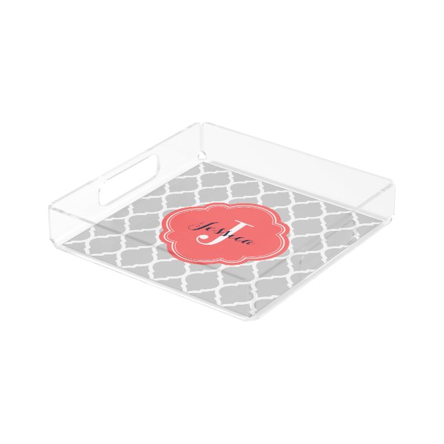 Gray and Coral Moroccan Quatrefoil Monogram Acrylic Tray (Angled)