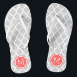 Gray and Coral Moroccan Quatrefoil Monogram Flip Flops<br><div class="desc">Custom printed flip flop sandals with a stylish Moroccan quatrefoil pattern and your custom monogram or other text in a circle frame. Click Customize It to change text fonts and colors or add your own images to create a unique one of a kind design!</div>