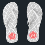Gray and Coral Moroccan Quatrefoil Monogram Flip Flops<br><div class="desc">Custom printed flip flop sandals with a stylish Moroccan quatrefoil pattern and your custom monogram or other text in a circle frame. Click Customize It to change text fonts and colors or add your own images to create a unique one of a kind design!</div>