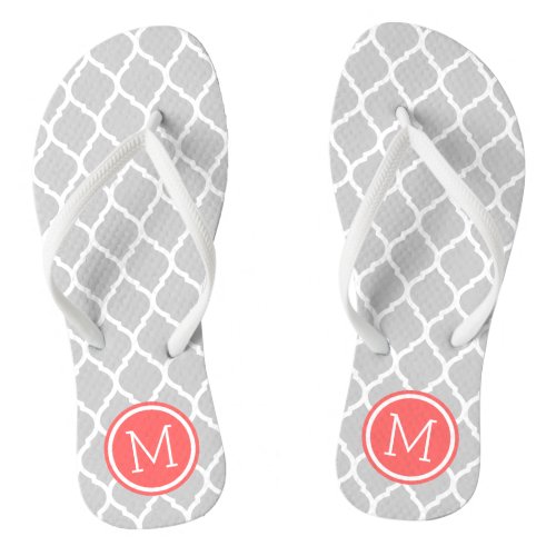 Gray and Coral Moroccan Quatrefoil Monogram Flip Flops