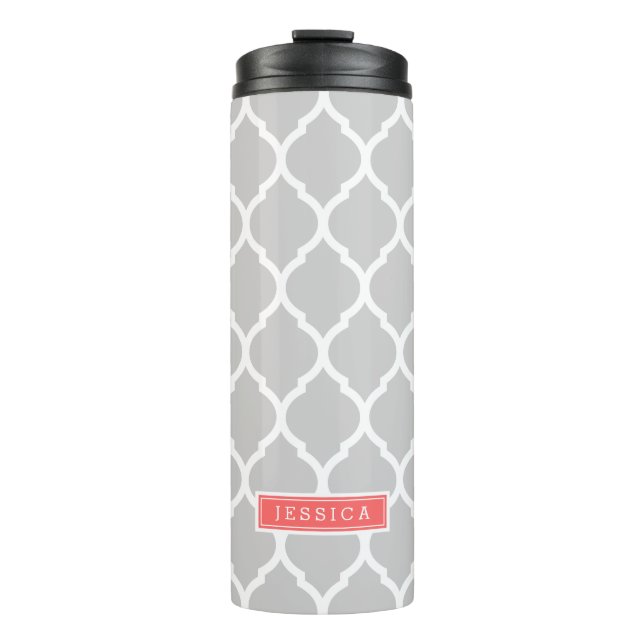 Gray and Coral Moroccan Quatrefoil Monogram Thermal Tumbler (Front)